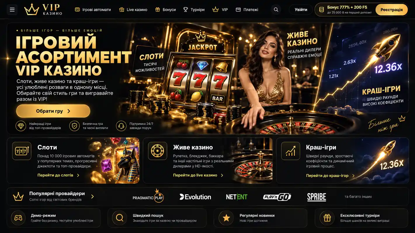 Каталог ігрових автоматів ВІП Казино — слоти, live-казино, джекпоти